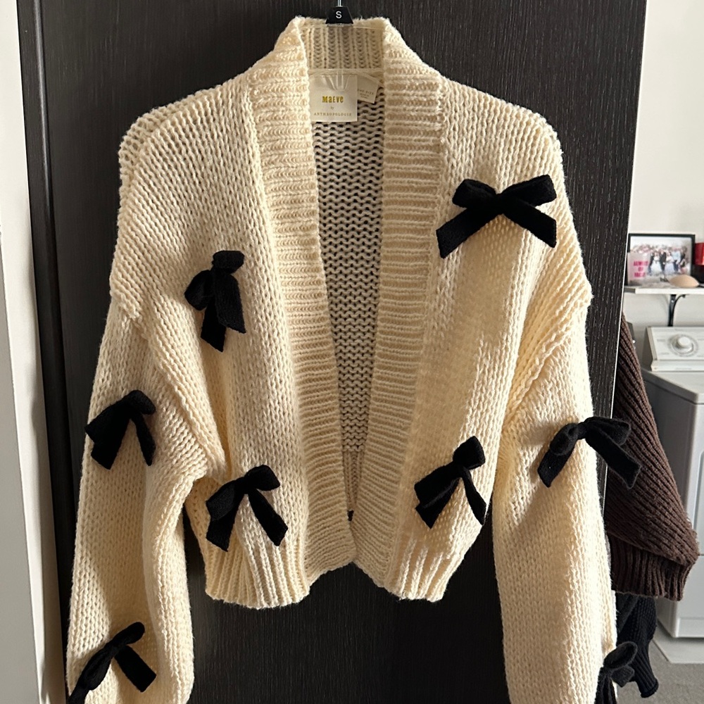 Anthropologie Cream Cardigan with Black Bow Accents